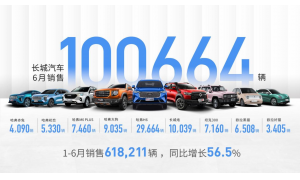 新平台赋能 长城汽车1-6月销售618,211辆 同比增长56.5%！